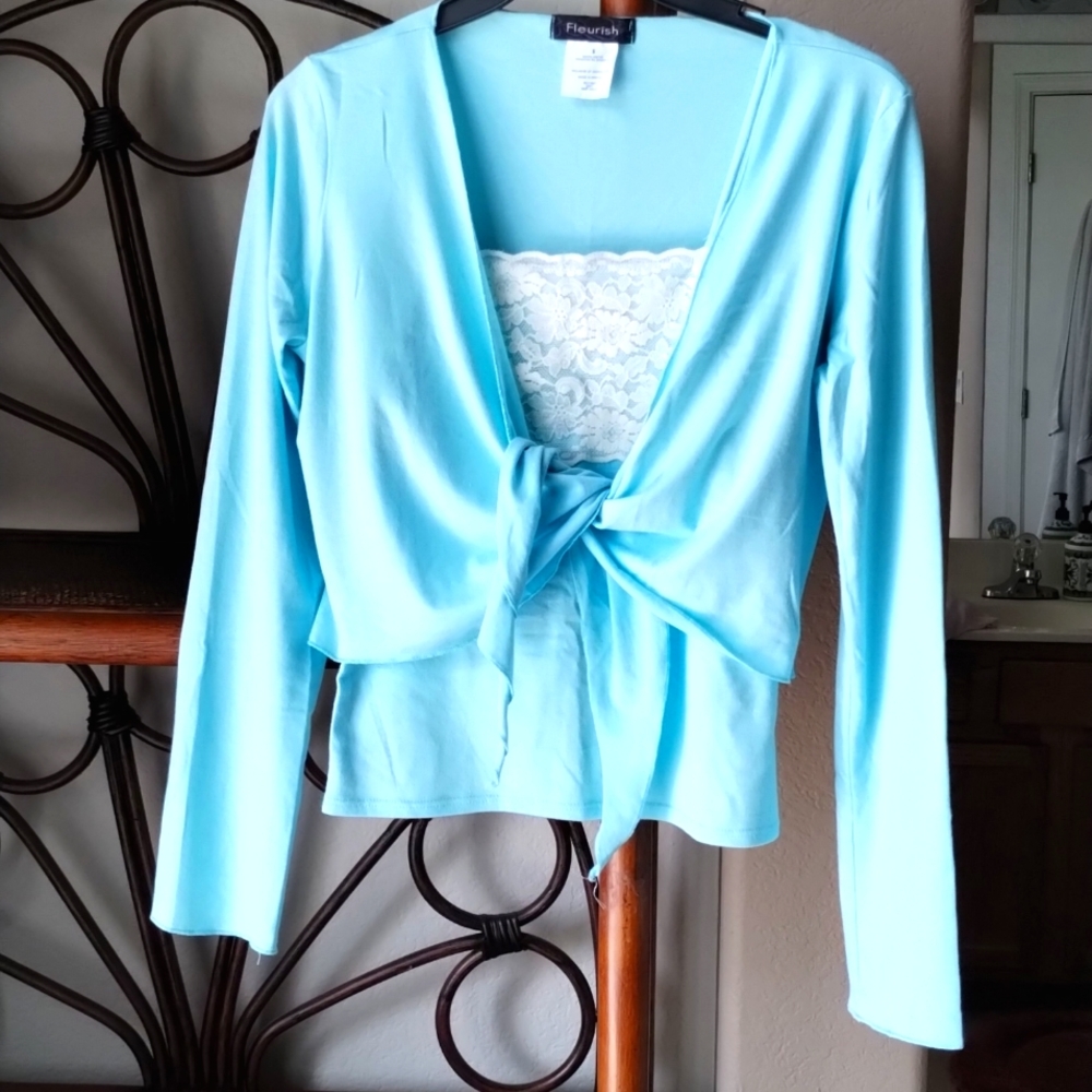 Fleurish two piece cardigan set. Size S aqua blue and white lace details.